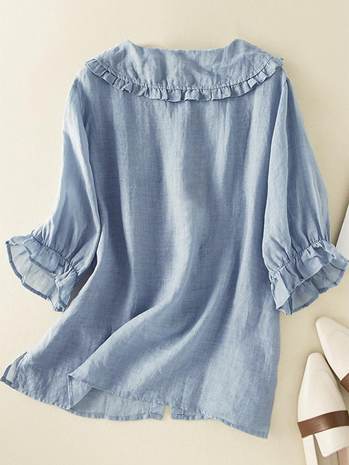 Dames Linnen Katoen Rimpel Kraag Losse Pasvorm Shirt - Harlett