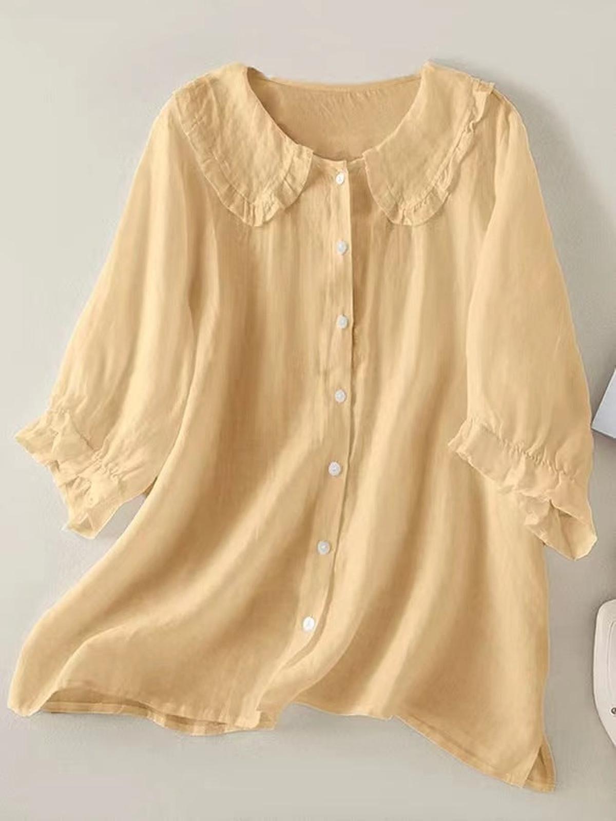 Dames Linnen Katoen Rimpel Kraag Losse Pasvorm Shirt - Harlett