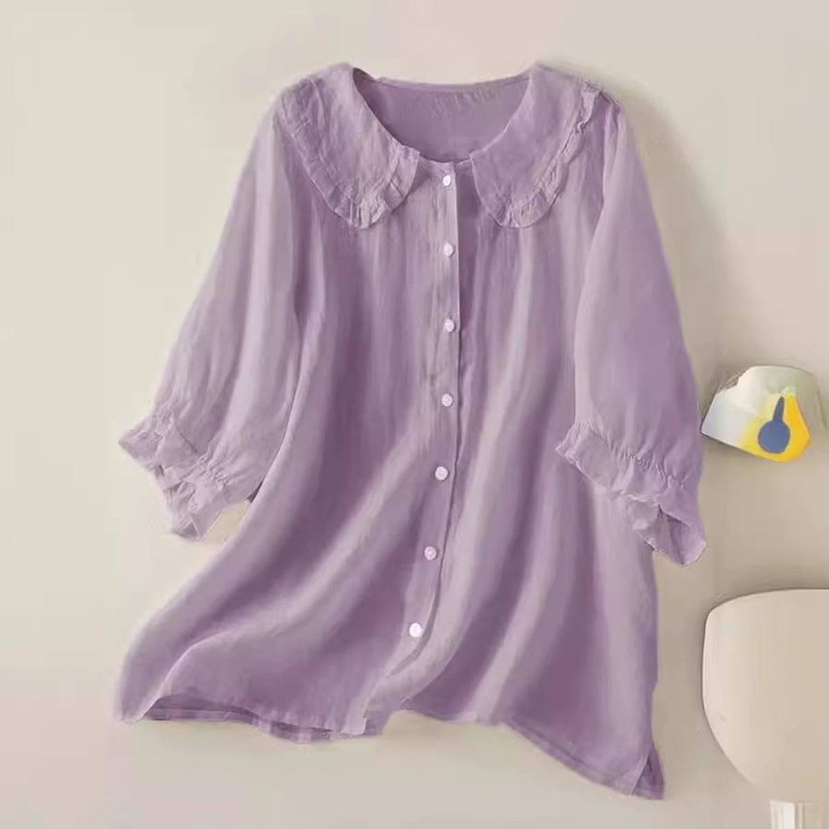 Dames Linnen Katoen Rimpel Kraag Losse Pasvorm Shirt - Harlett