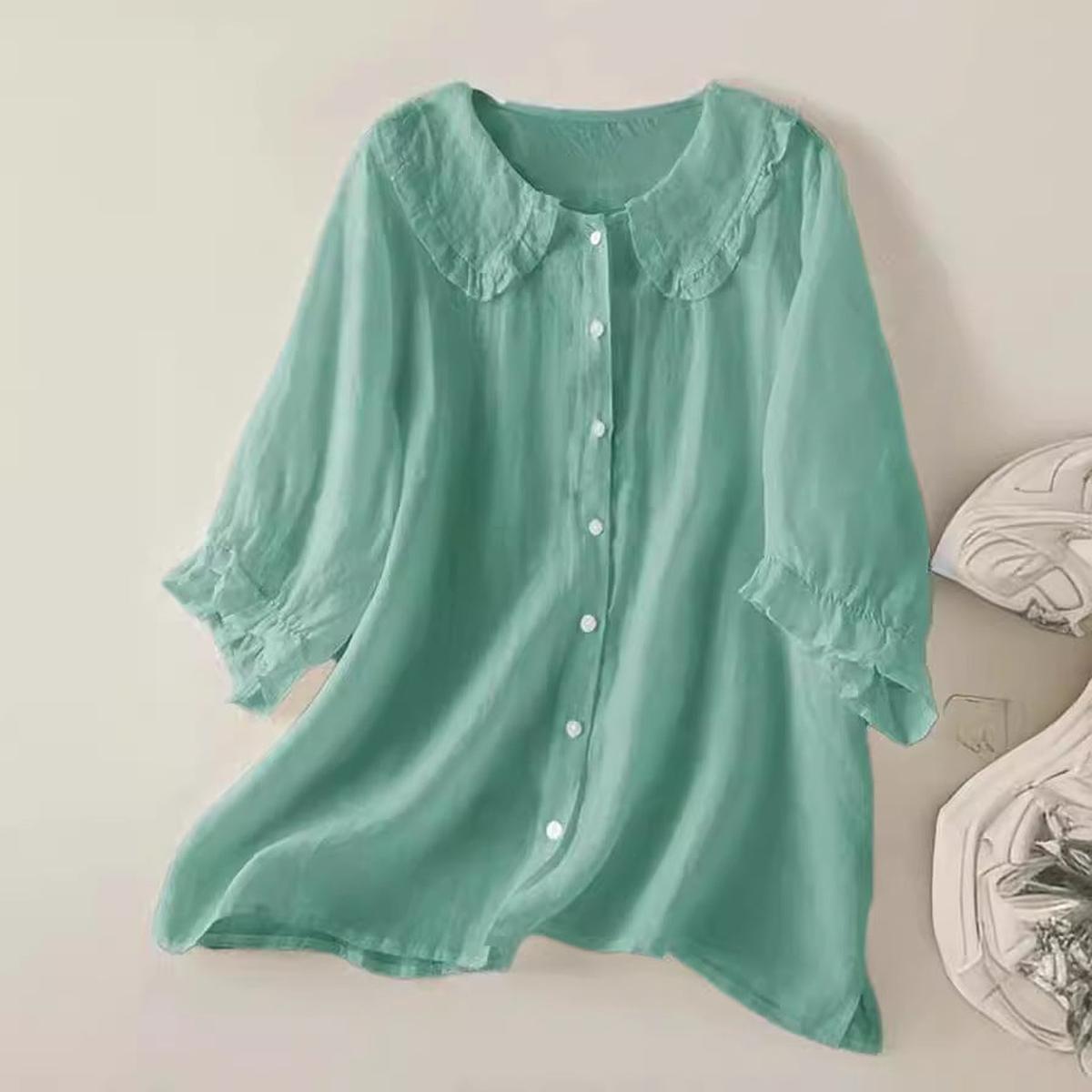 Dames Linnen Katoen Rimpel Kraag Losse Pasvorm Shirt - Harlett
