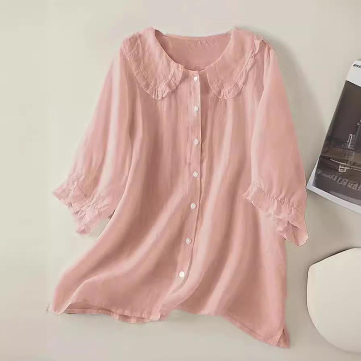Dames Linnen Katoen Rimpel Kraag Losse Pasvorm Shirt - Harlett