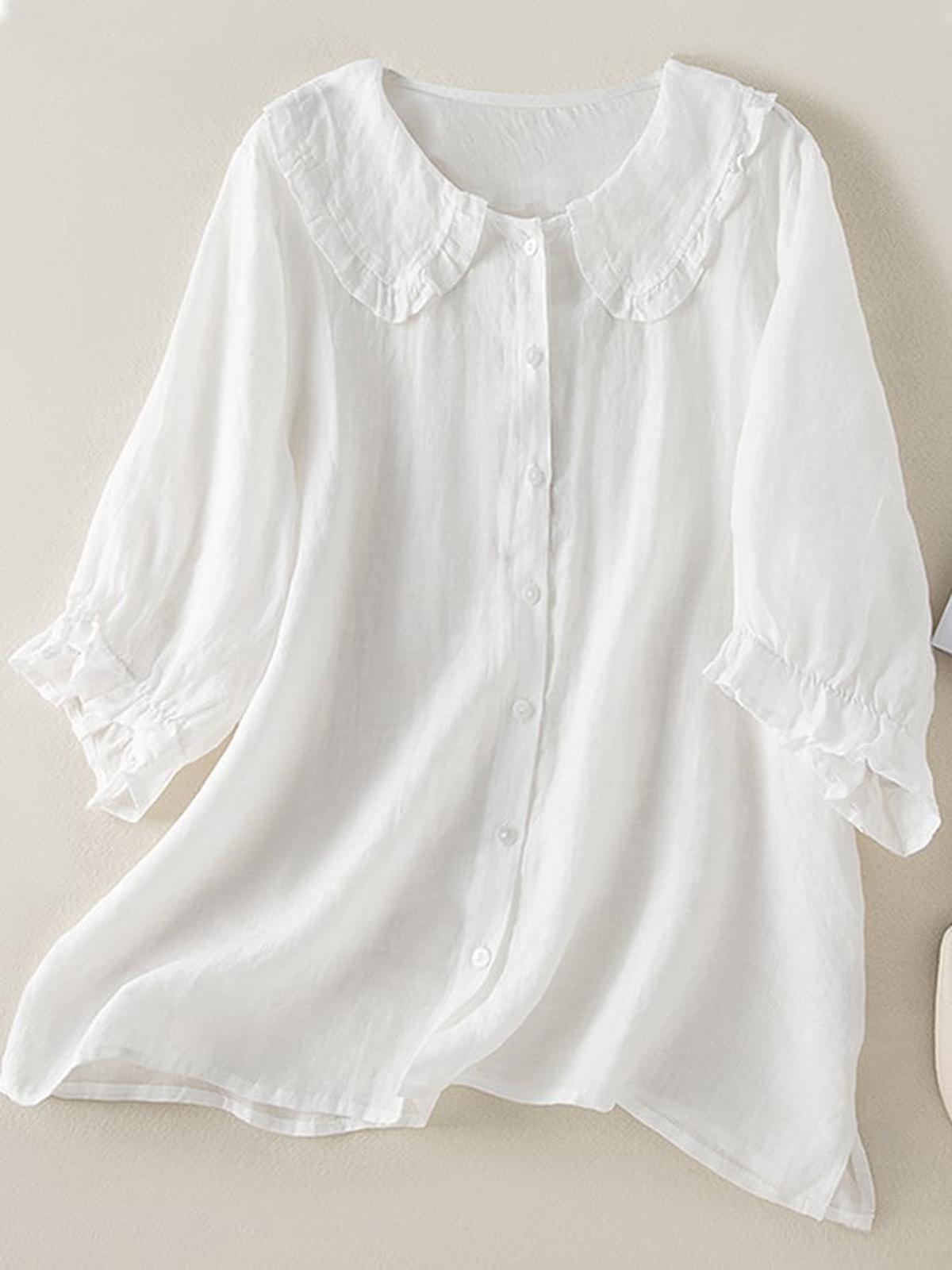 Dames Linnen Katoen Rimpel Kraag Losse Pasvorm Shirt - Harlett