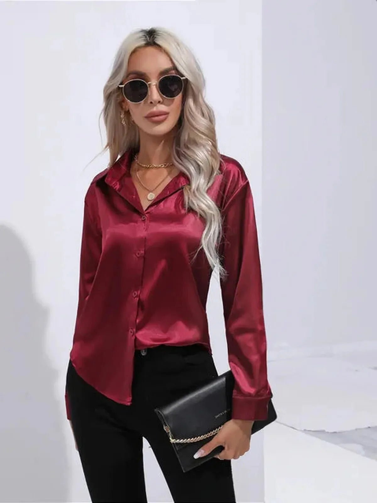 Dames Losse Satijnen Blouse met Lange Mouwen - Harlett