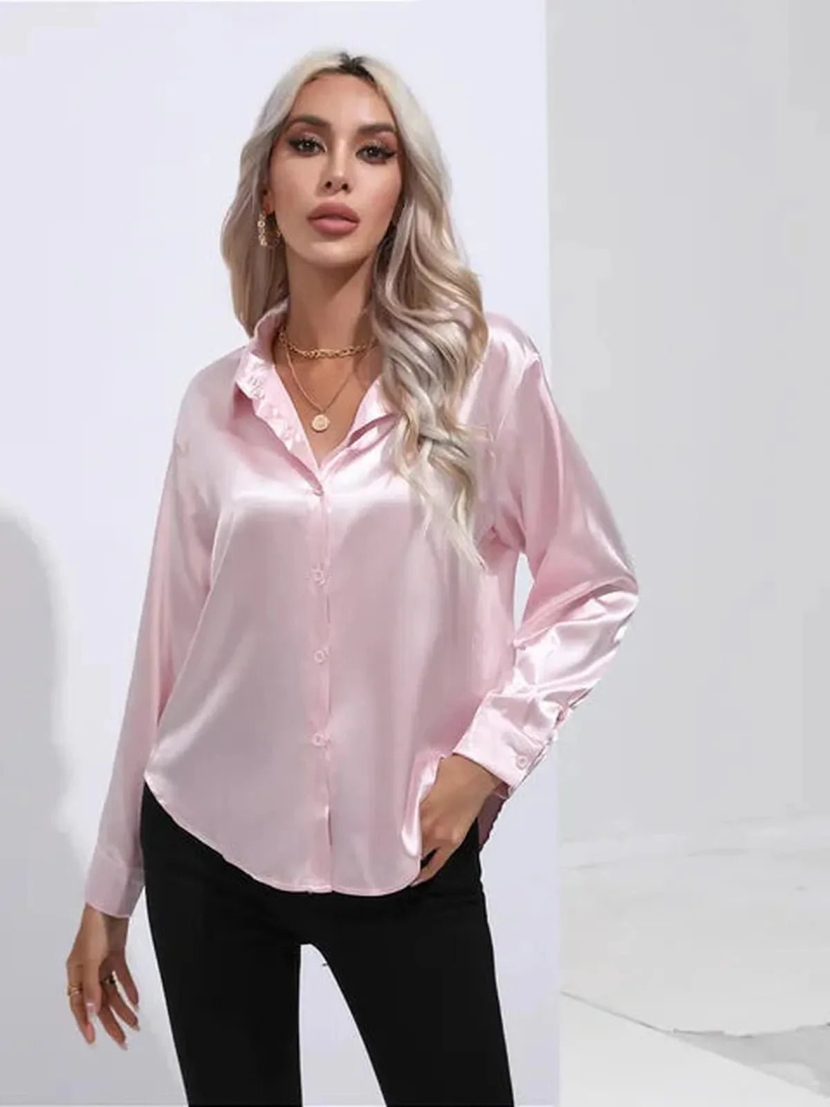 Dames Losse Satijnen Blouse met Lange Mouwen - Harlett