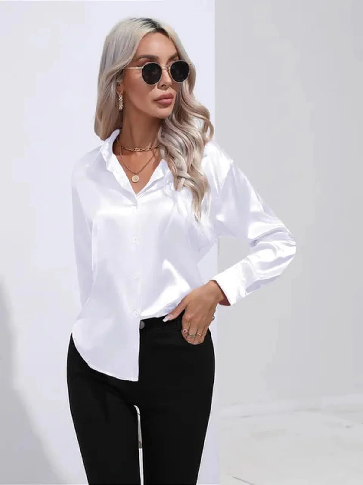 Dames Losse Satijnen Blouse met Lange Mouwen - Harlett