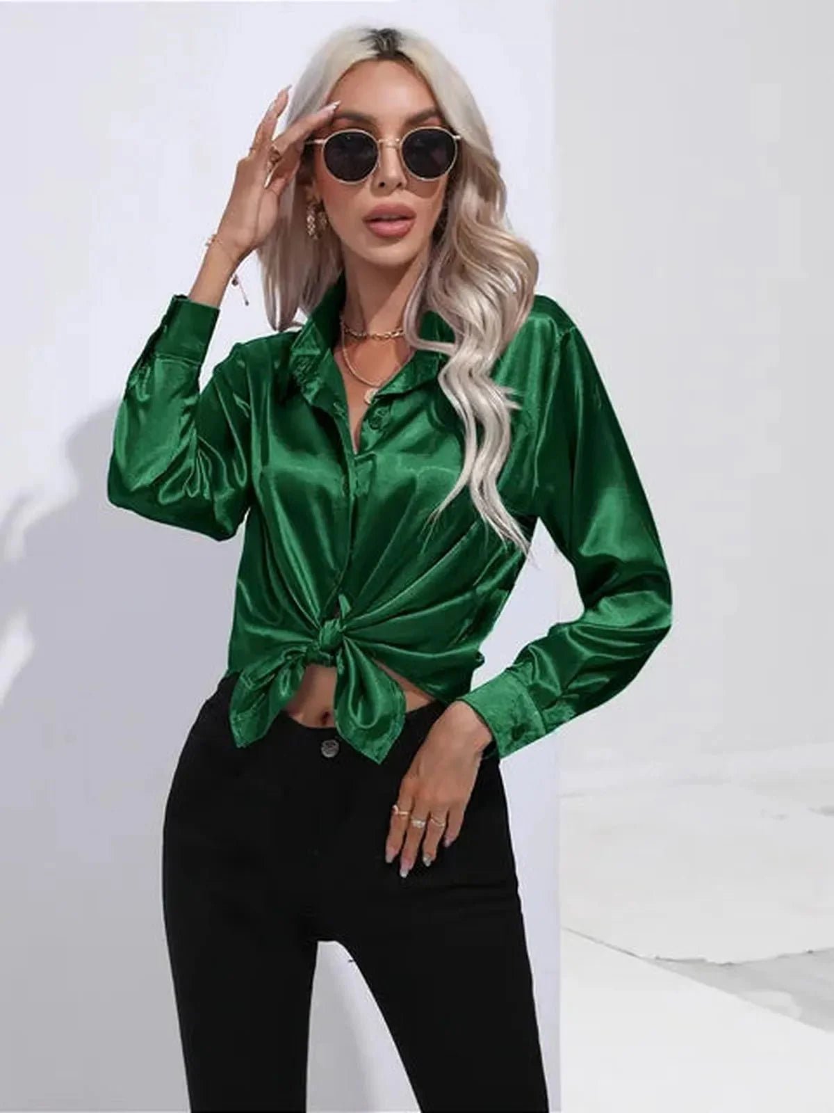 Dames Losse Satijnen Blouse met Lange Mouwen - Harlett