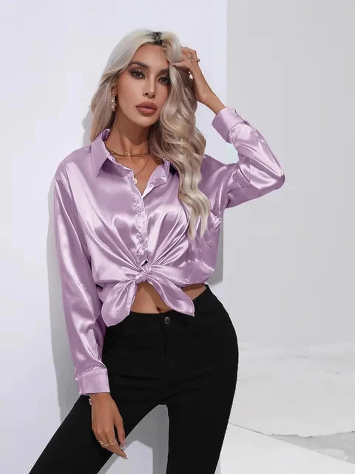 Dames Losse Satijnen Blouse met Lange Mouwen - Harlett