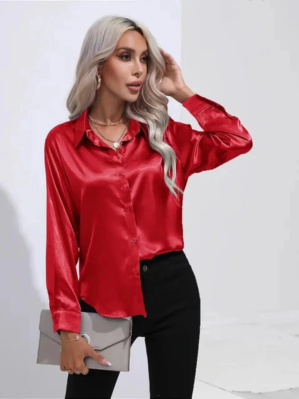 Dames Losse Satijnen Blouse met Lange Mouwen - Harlett