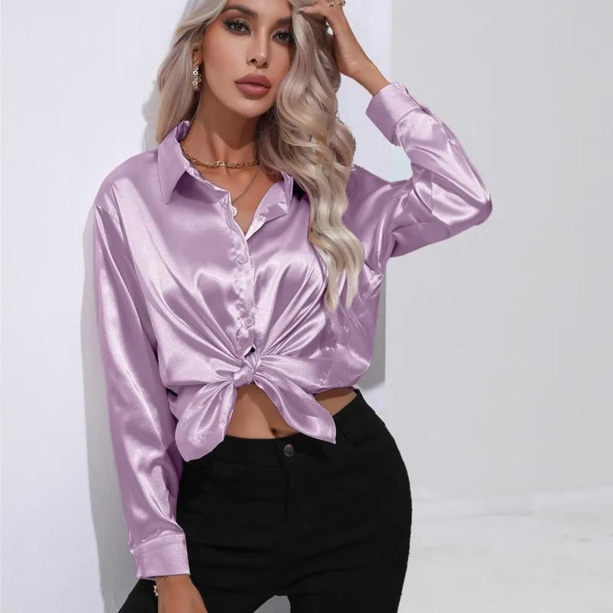 Dames Losse Satijnen Blouse met Lange Mouwen - Harlett