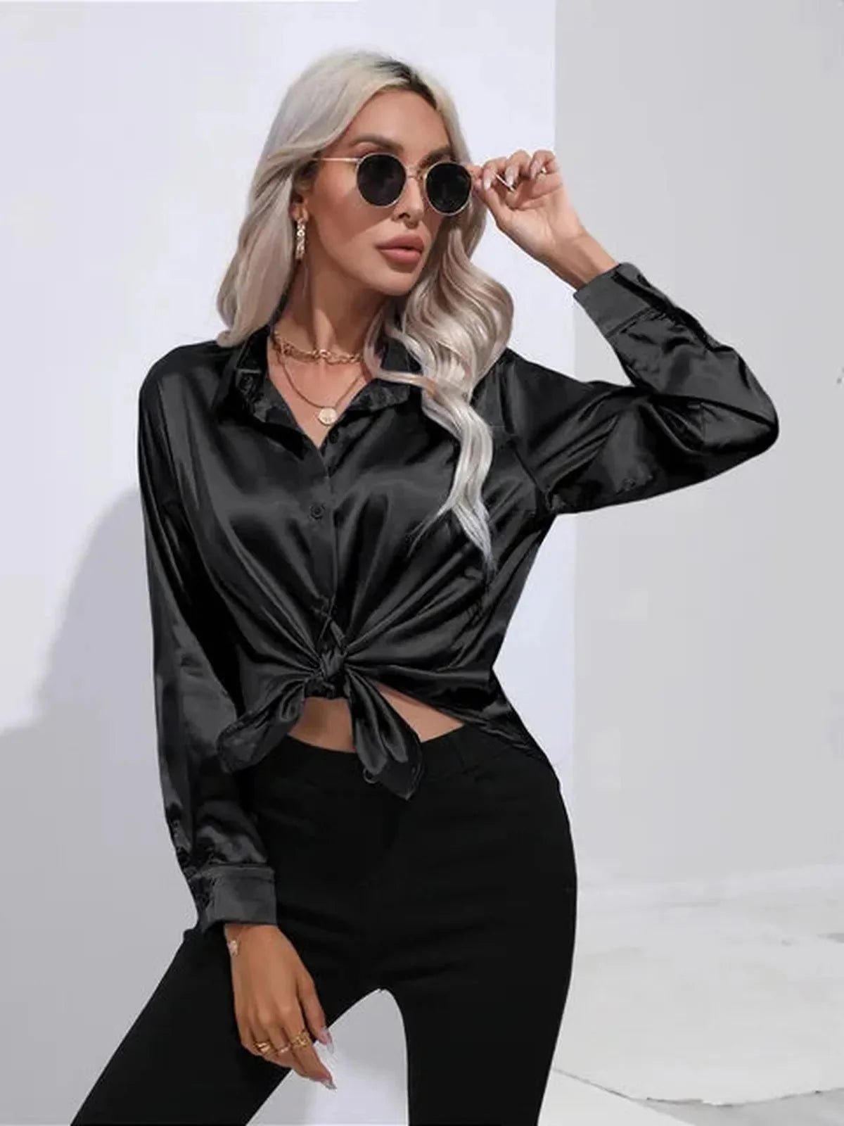 Dames Losse Satijnen Blouse met Lange Mouwen - Harlett
