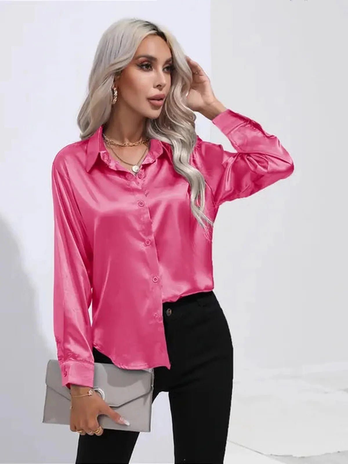 Dames Losse Satijnen Blouse met Lange Mouwen - Harlett
