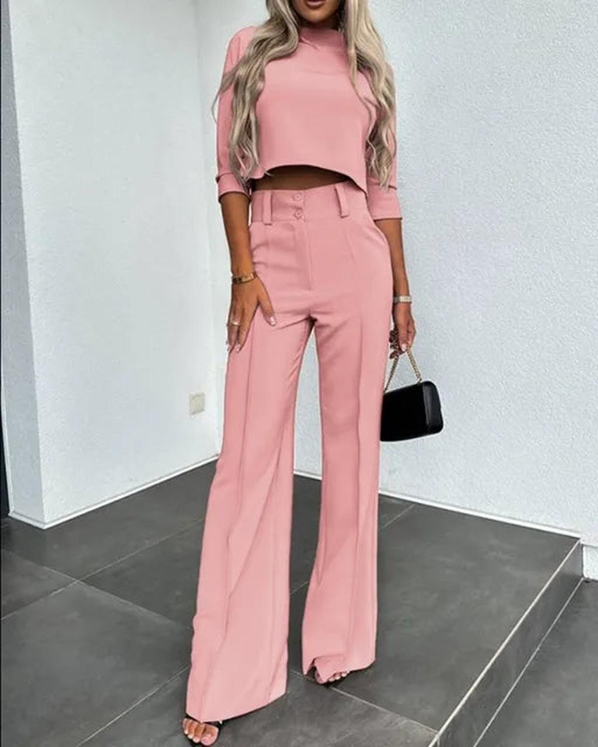 Dames Tweedelig Set Hoge Taille Wide Leg Pantalon en Cropped Top - Harlett