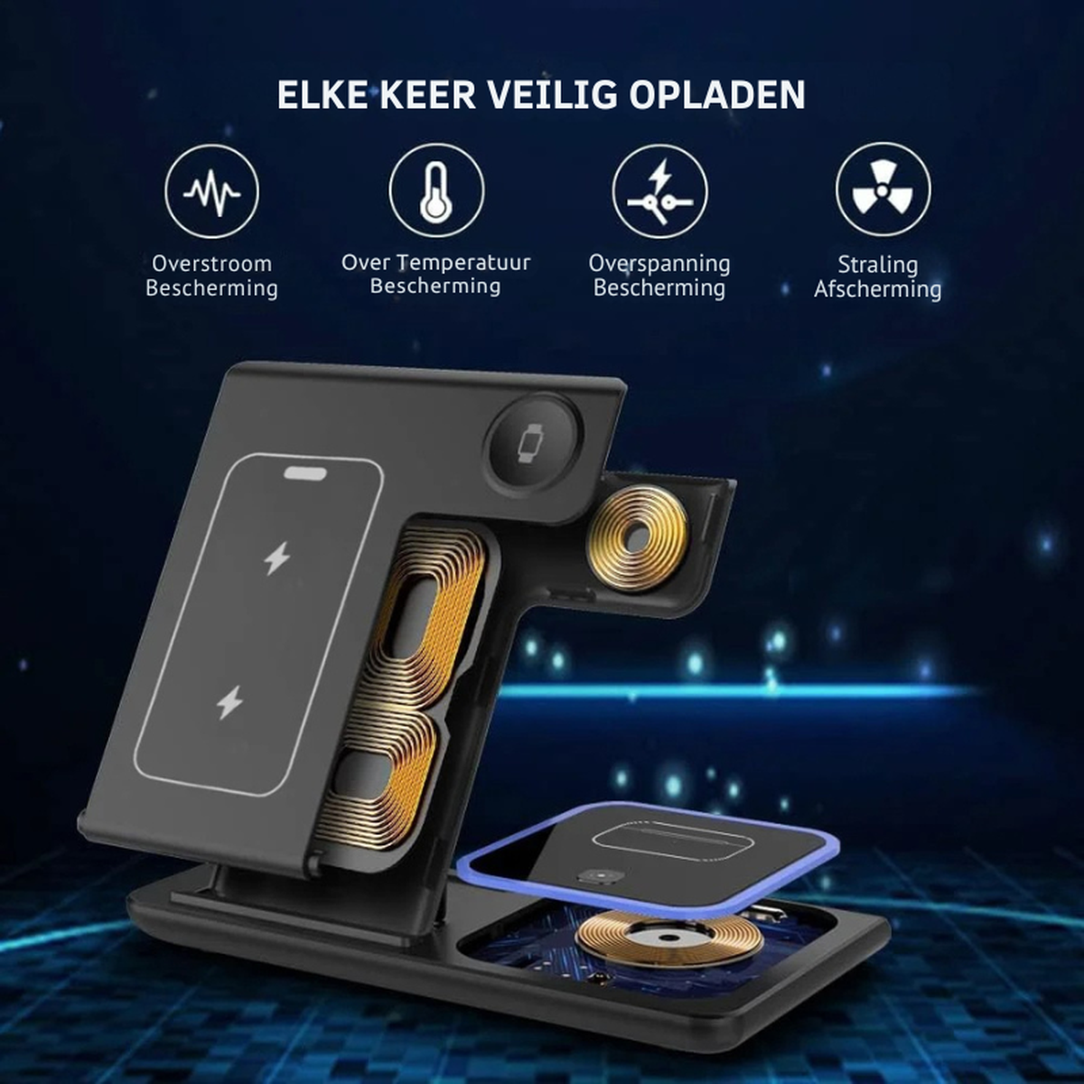 3-in-1 Draadloos Oplaadstation 100W voor iPhone, Apple Watch & AirPods - Opvouwbaar