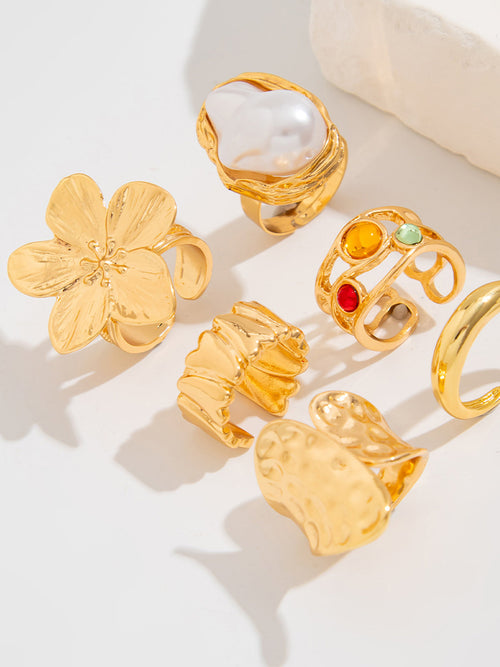 6-delige ringenset met botanische en parelaccenten