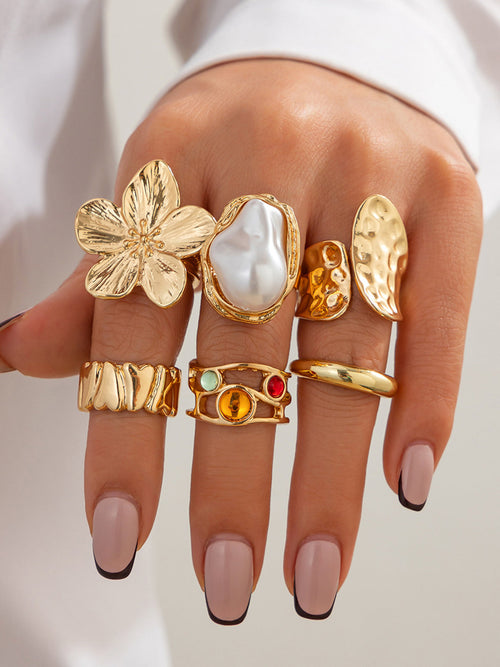 6-delige ringenset met botanische en parelaccenten