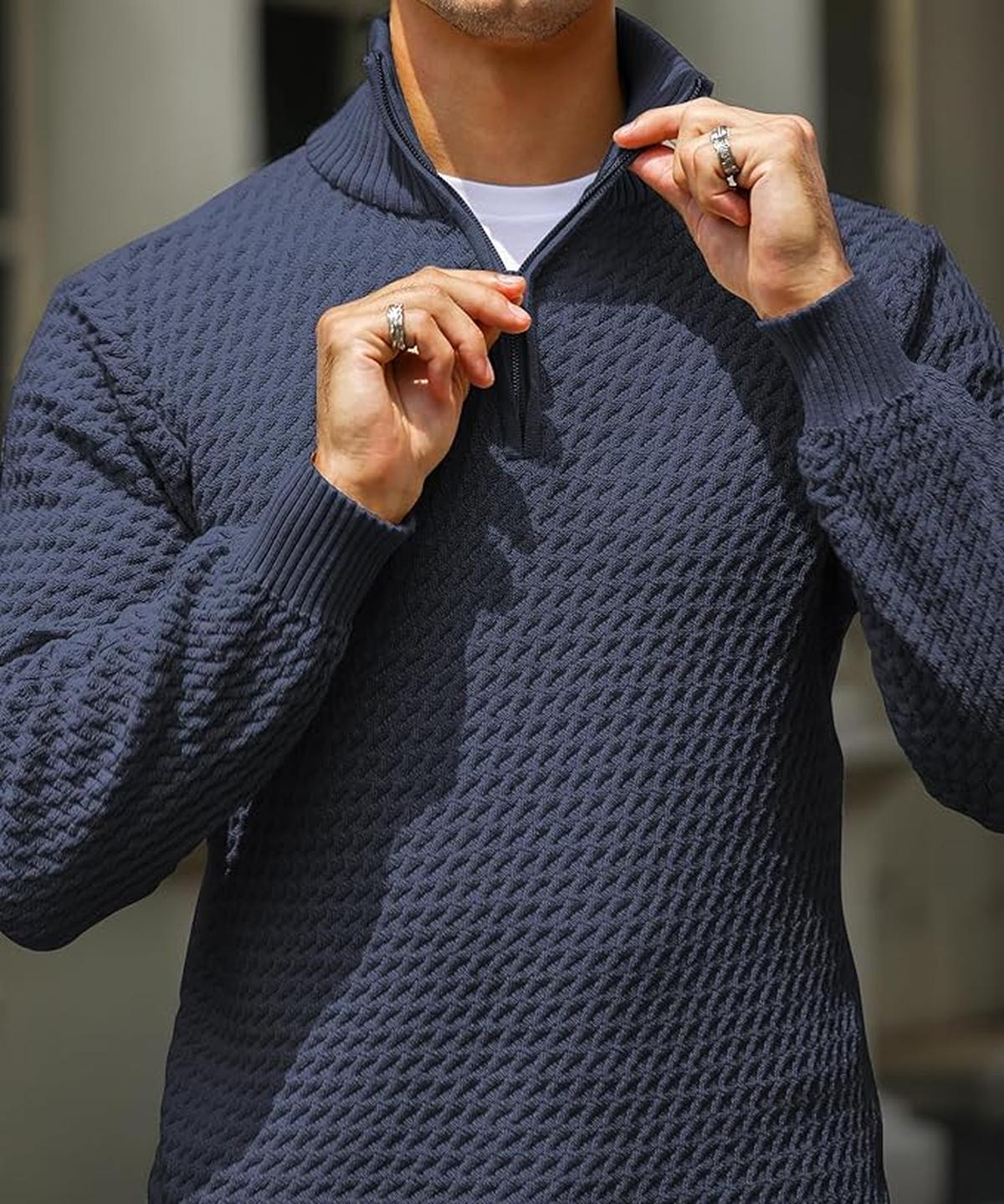 Aansluitende Pasvorm Half-Zip Trui Met Geribbelde Details Voor Mannen