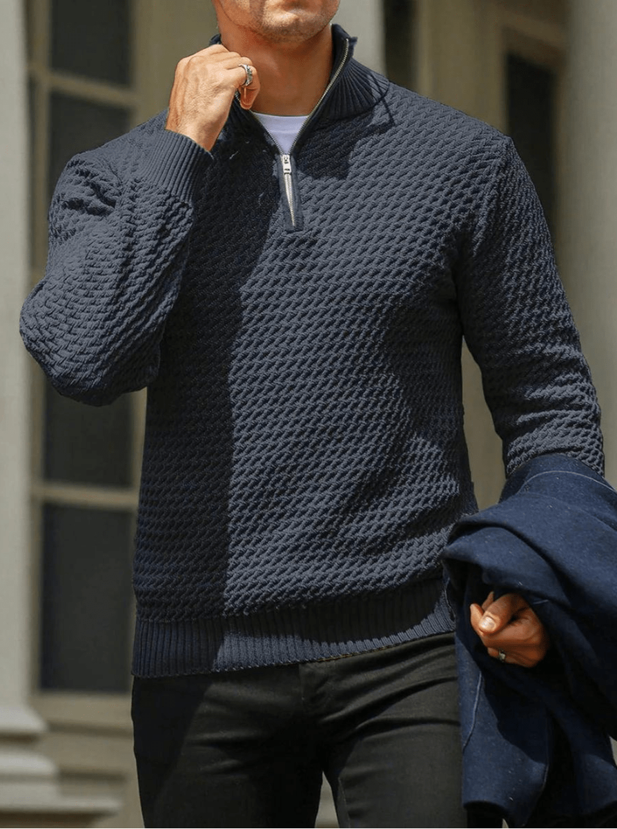 Aansluitende Pasvorm Half-Zip Trui Met Geribbelde Details Voor Mannen