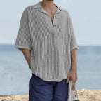 Ademende Oversized Gebreide Top Met Korte Mouwen En Notch Kraag