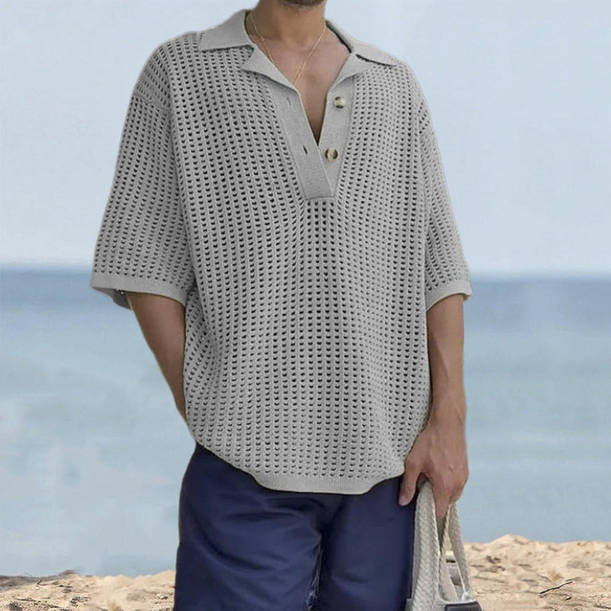 Ademende Oversized Gebreide Top Met Korte Mouwen En Notch Kraag