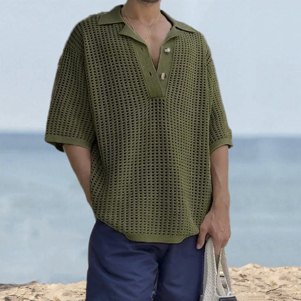 Ademende Oversized Gebreide Top Met Korte Mouwen En Notch Kraag