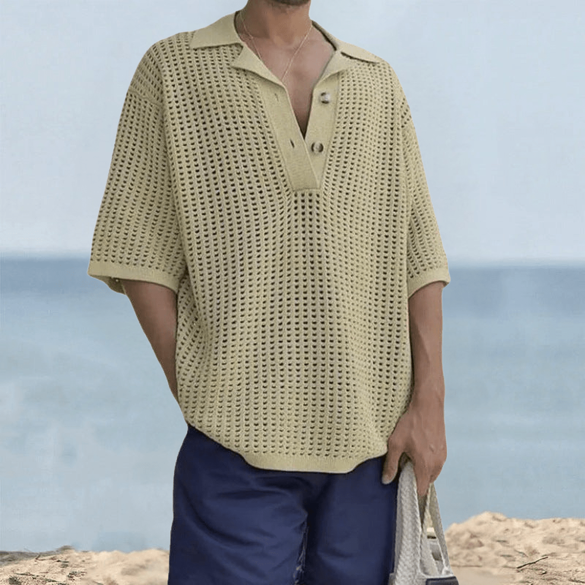 Ademende Oversized Gebreide Top Met Korte Mouwen En Notch Kraag