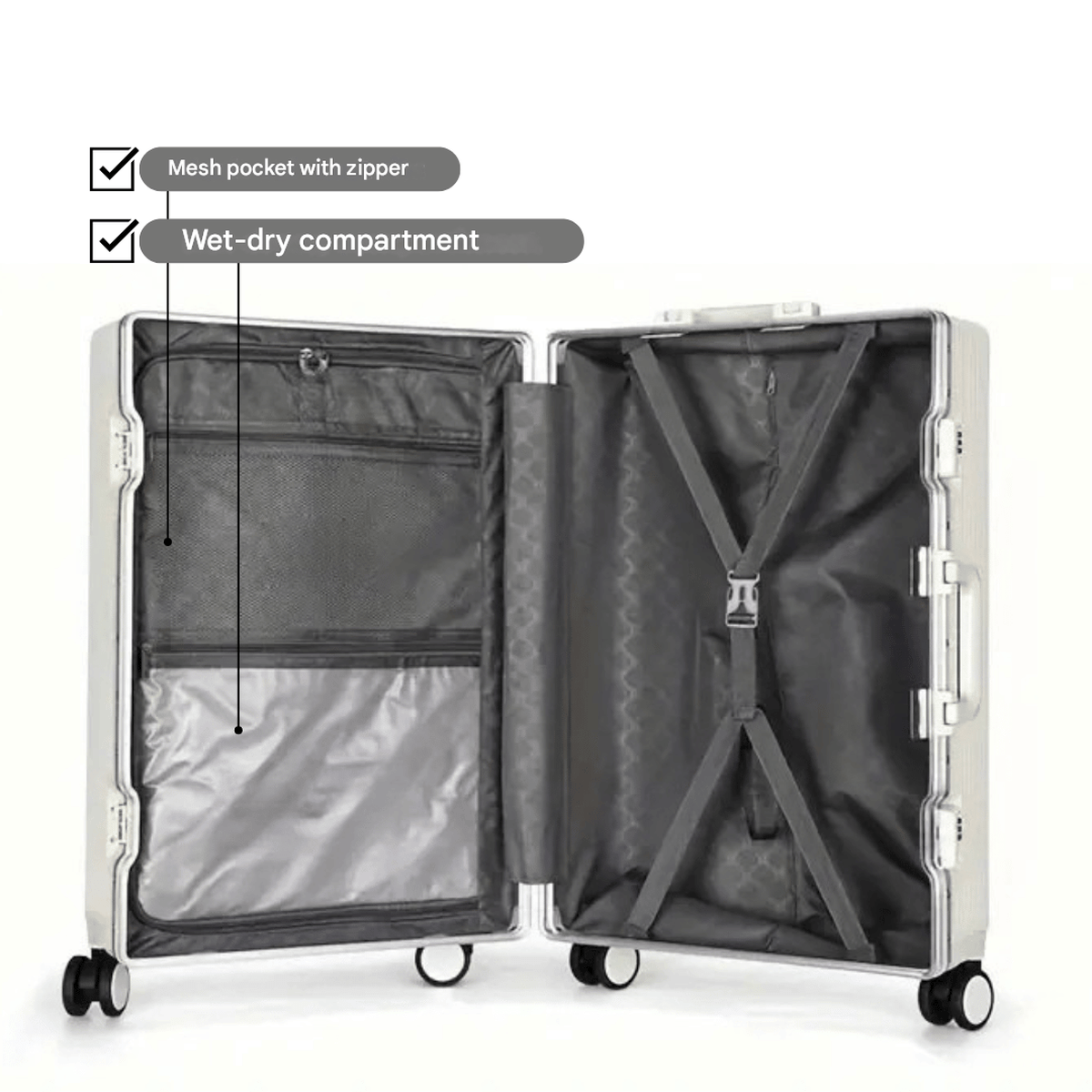Aluminium Handbagagekoffer Met USB-poorten En 360° Spinner Wielen