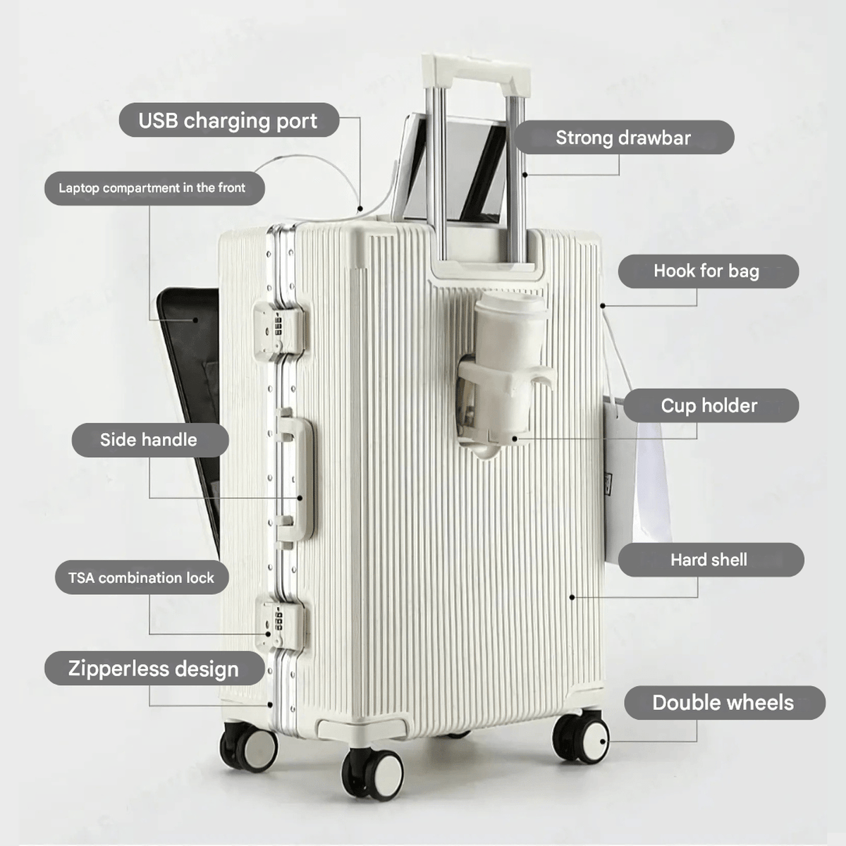 Aluminium Handbagagekoffer Met USB-poorten En 360° Spinner Wielen