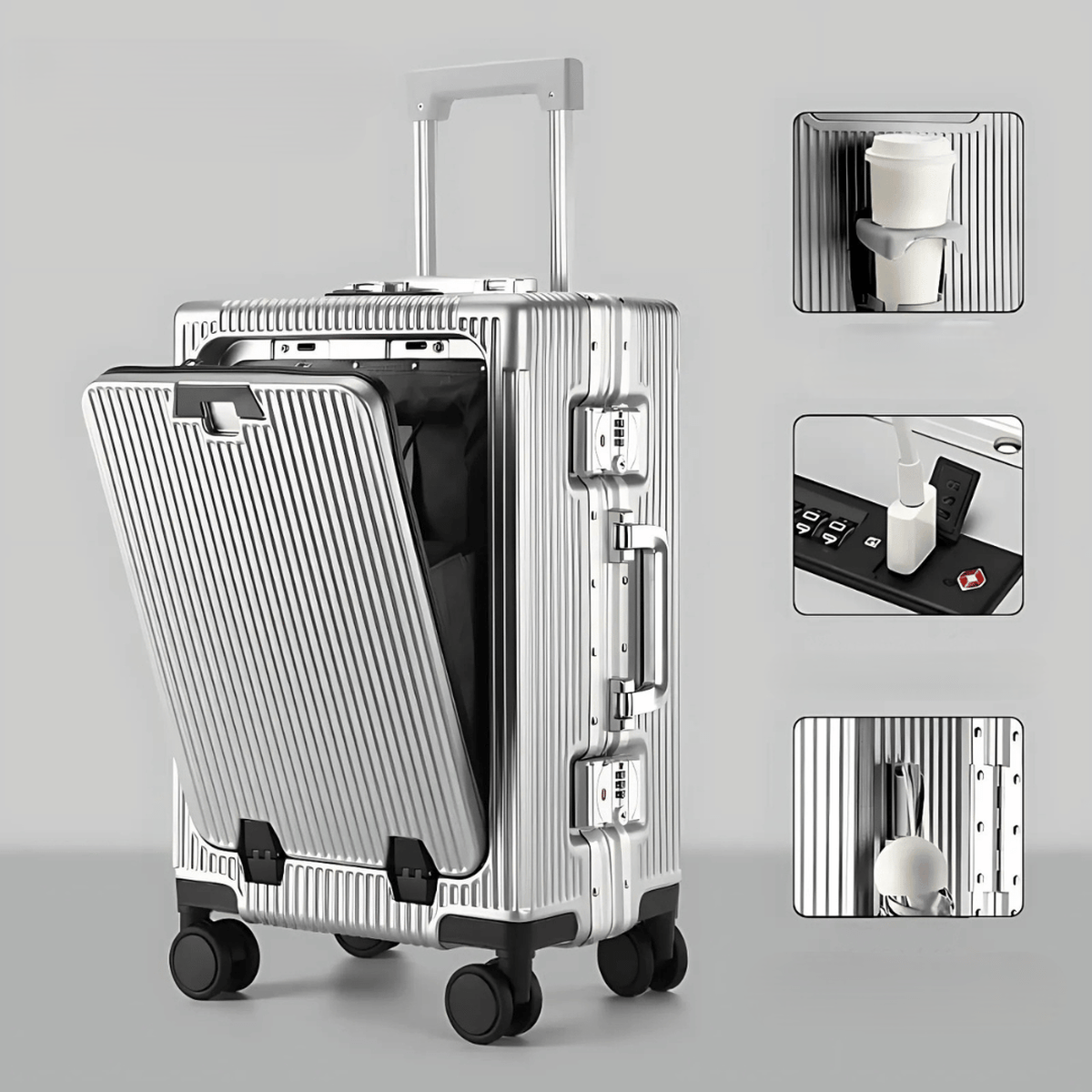 Aluminium Handbagagekoffer Met USB-poorten En 360° Spinner Wielen