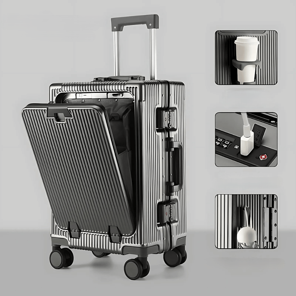 Aluminium Handbagagekoffer Met USB-poorten En 360° Spinner Wielen