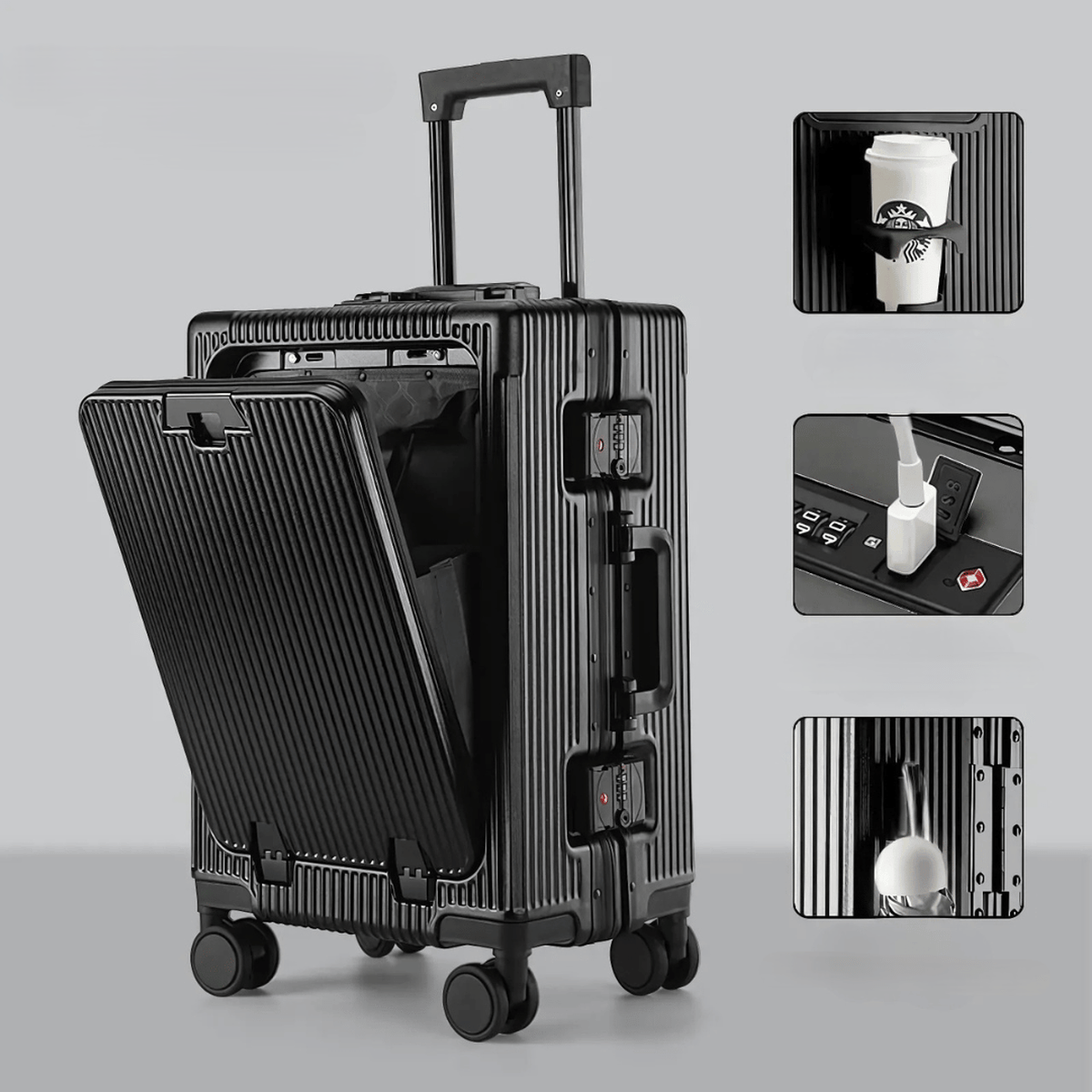 Aluminium Handbagagekoffer Met USB-poorten En 360° Spinner Wielen