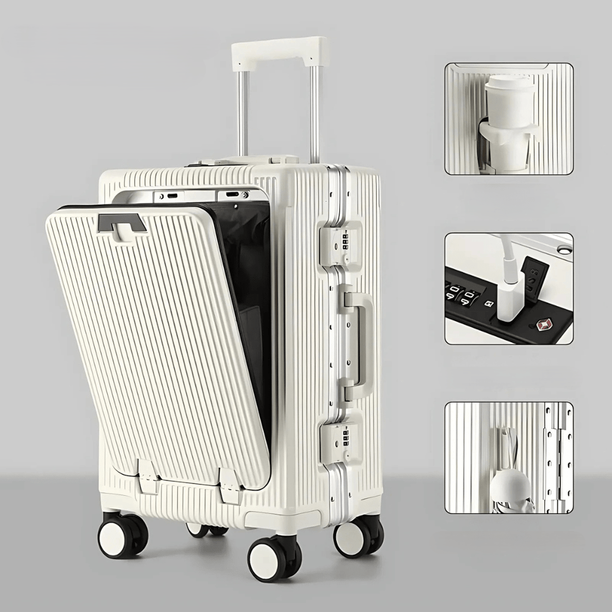 Aluminium Handbagagekoffer Met USB-poorten En 360° Spinner Wielen