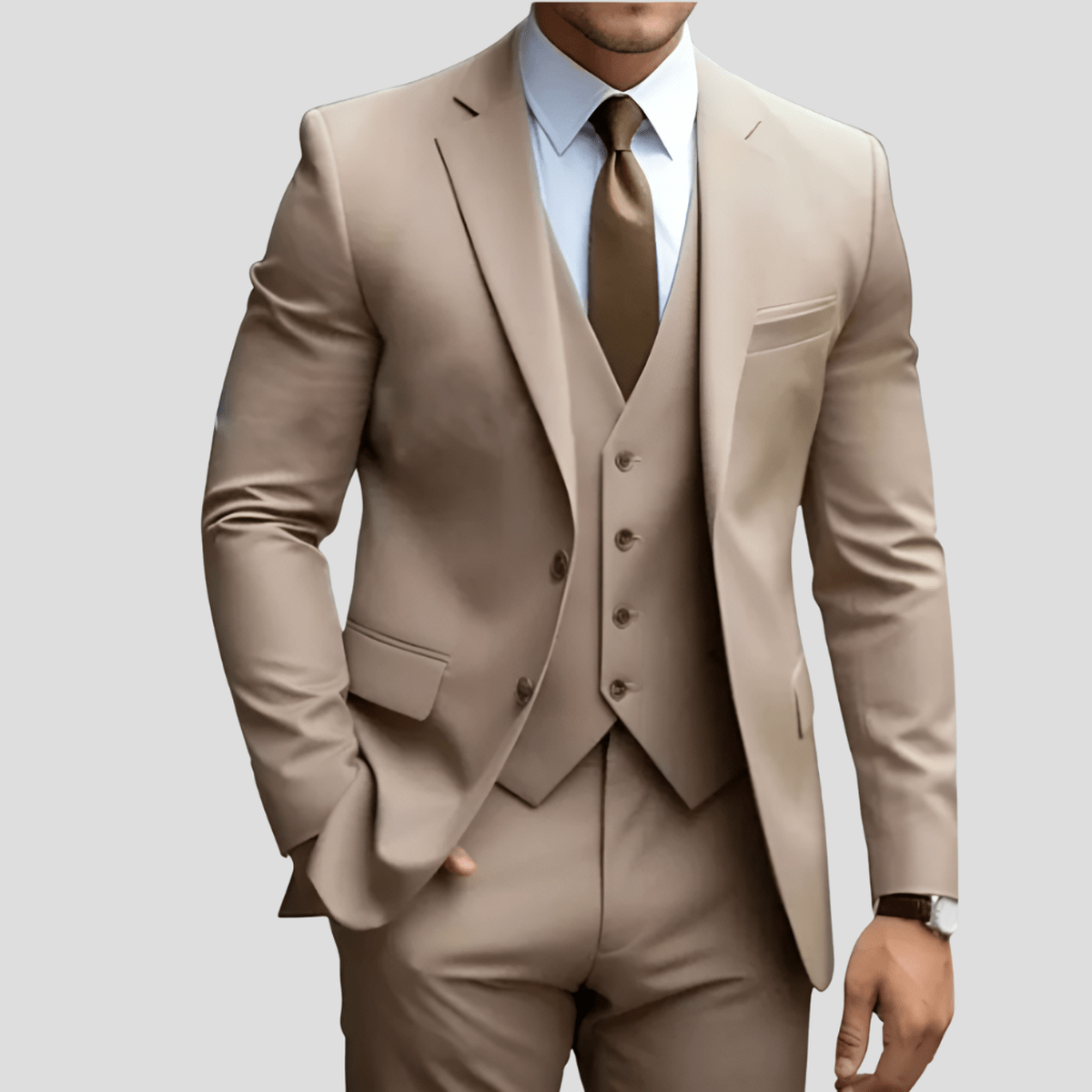 Beige Slim Fit Drie-Delig Pak Voor Mannen
