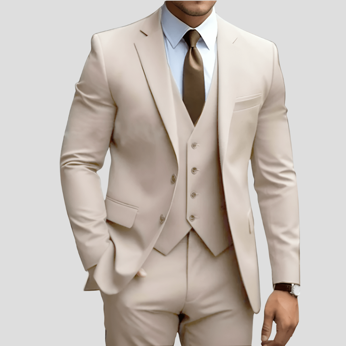 Beige Slim Fit Drie-Delig Pak Voor Mannen