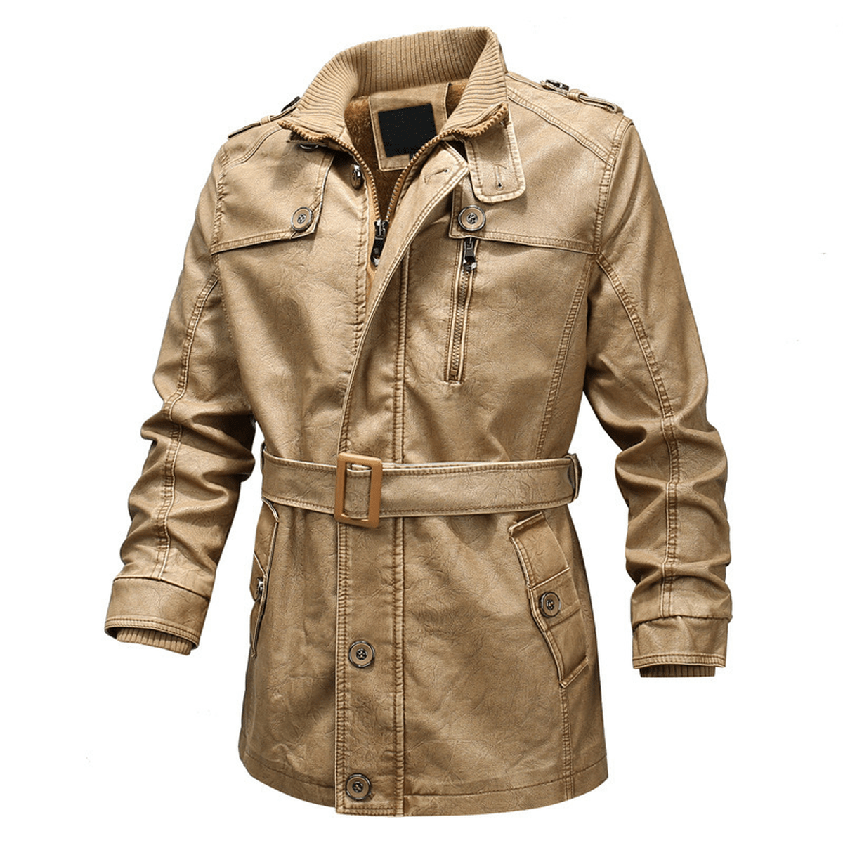 Belted Trenchcoat Van PU-Leer Met Gewassen Leerlook Voor Heren