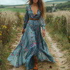 Bohemian Bloemenprint Maxi Jurk met Lange Mouwen