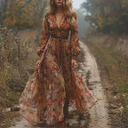 Bohemian Bloemenprint Maxi Jurk met Lange Mouwen