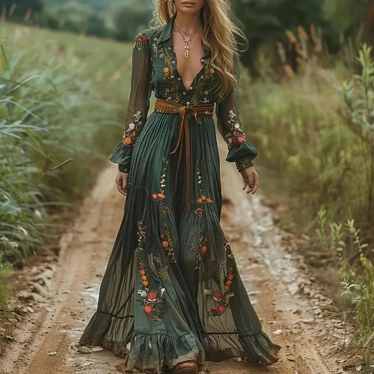 Bohemian Bloemenprint Maxi Jurk met Lange Mouwen