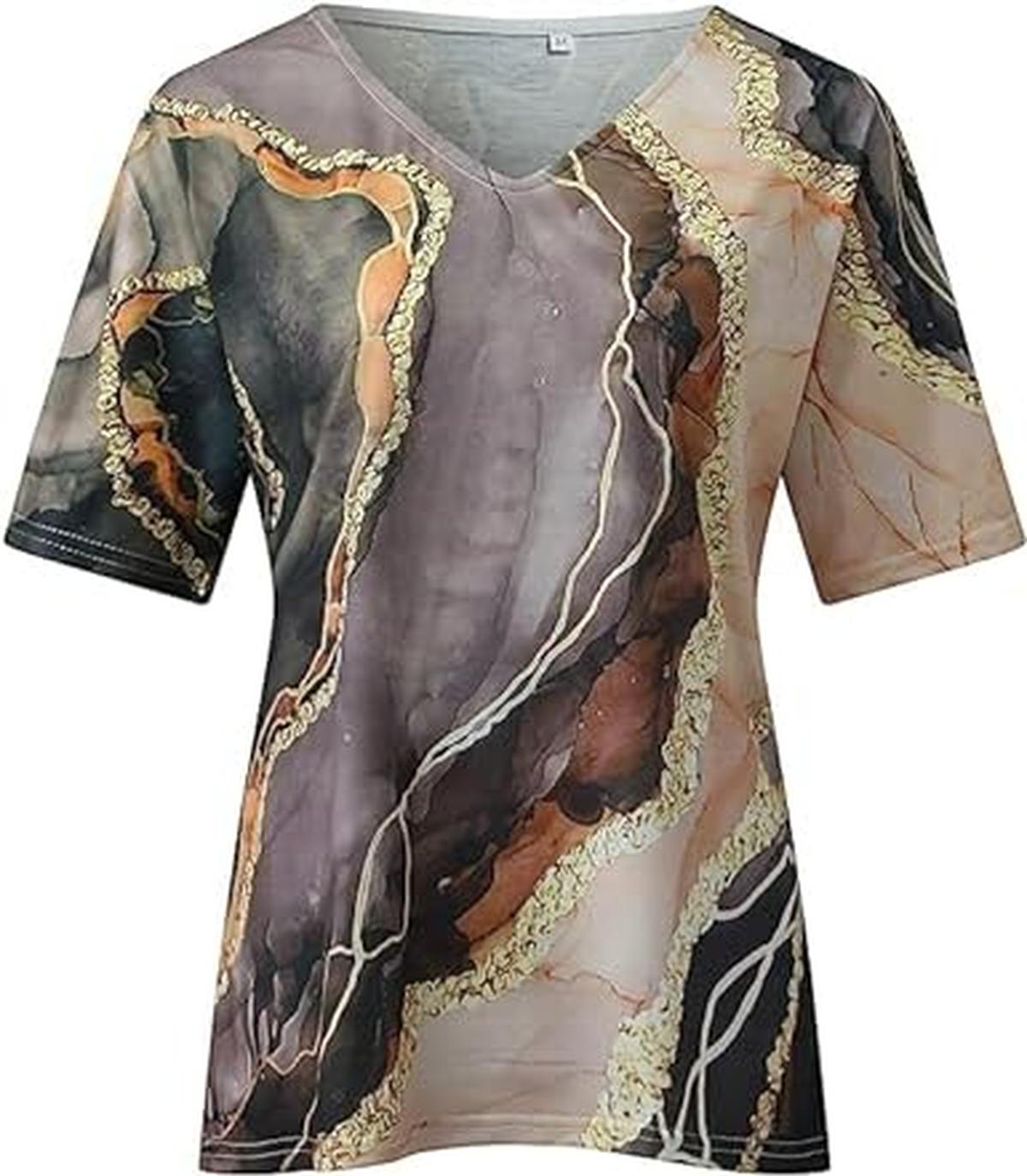 Boho Stijl V-Hals T-Shirt Voor Vrouwen Met Marmerpatronen