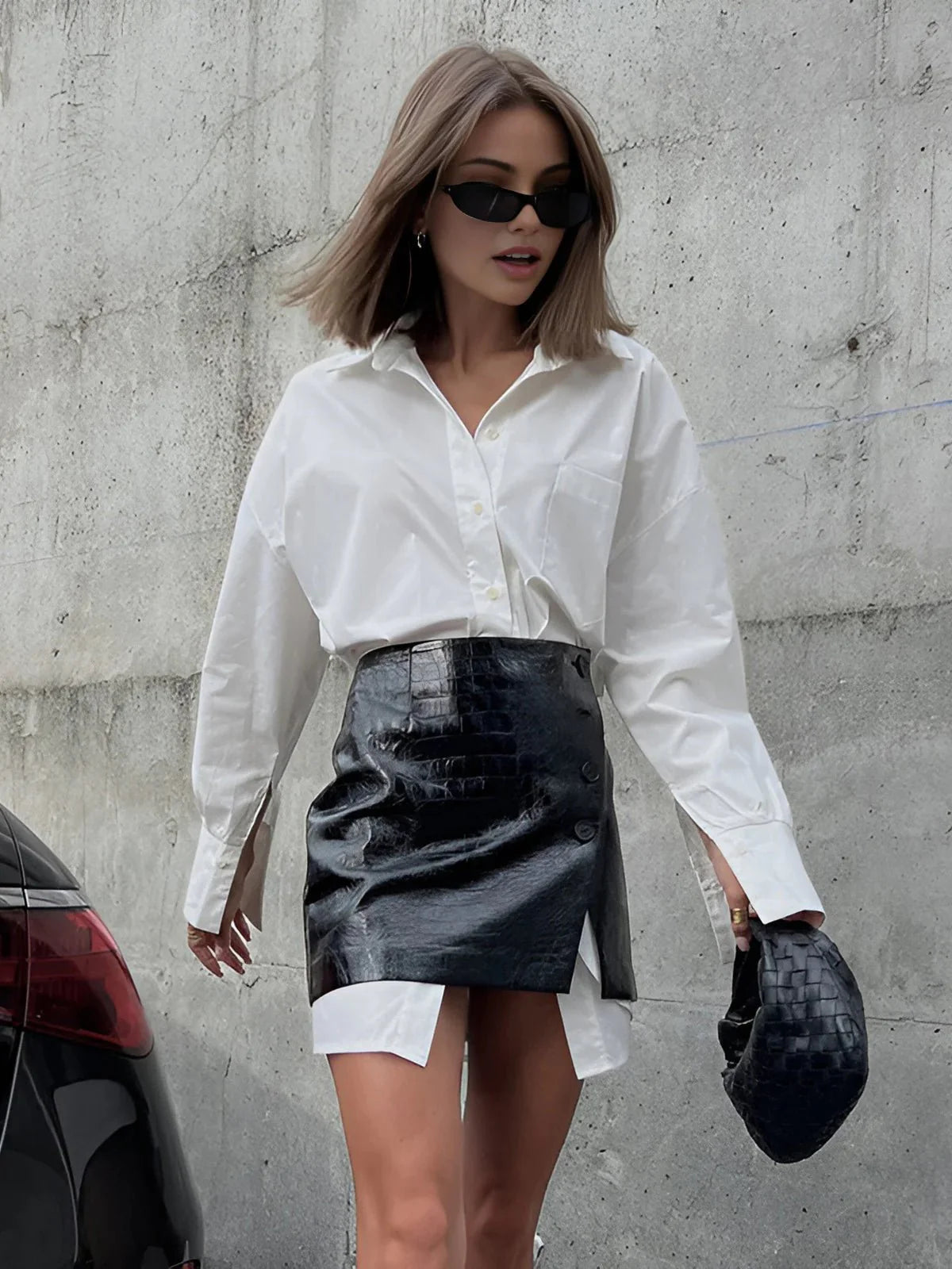 Casual Effen Shirt met Faux Leren Mini Rok Set