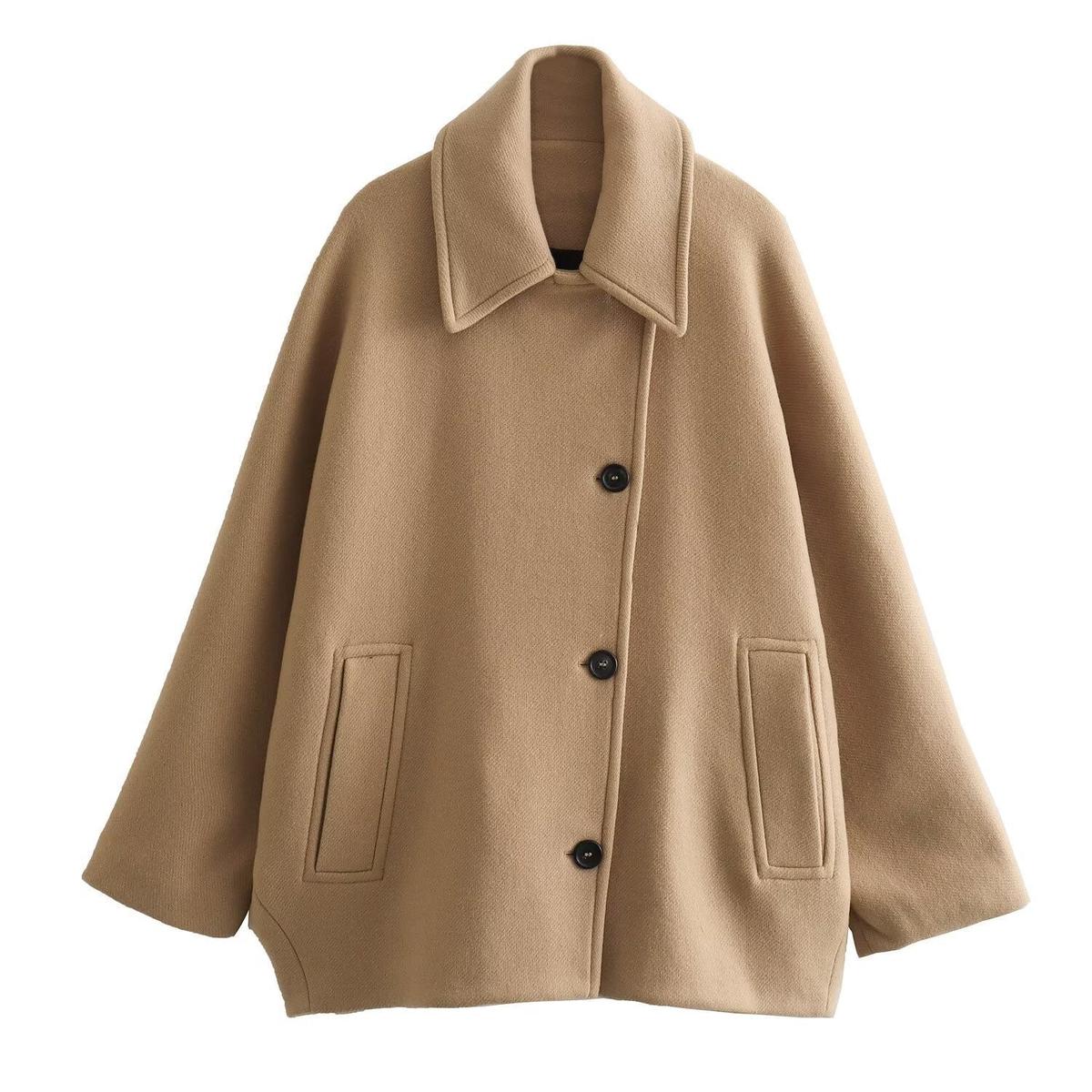 Chic Oversized Wollen Jas met Knoopsluiting