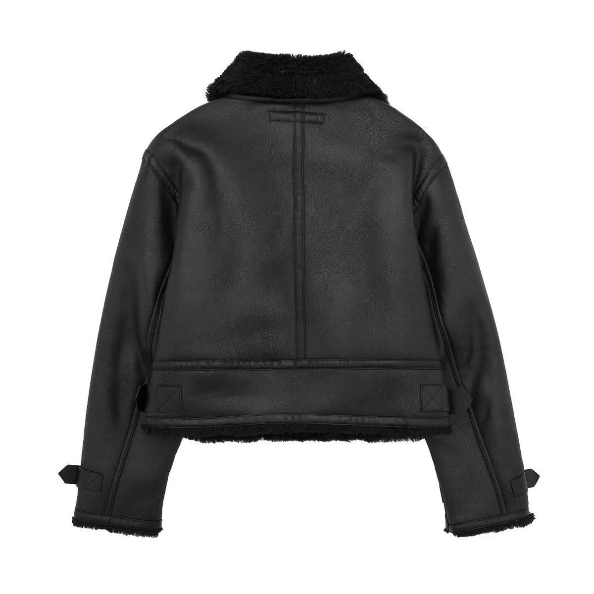 Chique Zwarte PU Leren Jas met Bontkraag