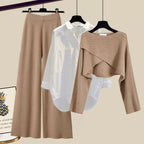 Comfortabele 3-Delige Dames Set Met Wijde Broek, Gebreide Trui En Witte Blouse