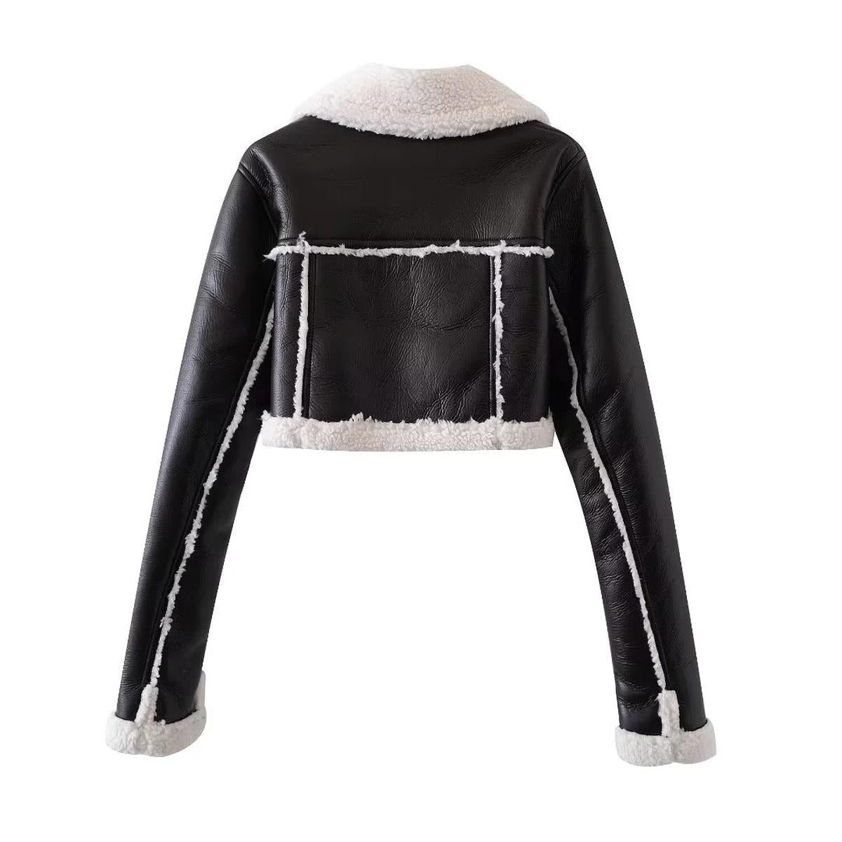 Cropped Faux Leather Jas Met Shearling Voering En Oversized Kraag