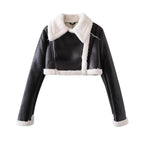Cropped Faux Leather Jas Met Shearling Voering En Oversized Kraag