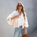 Cropped Waffle Knit Jas Voor Dames Met Knoopsluiting