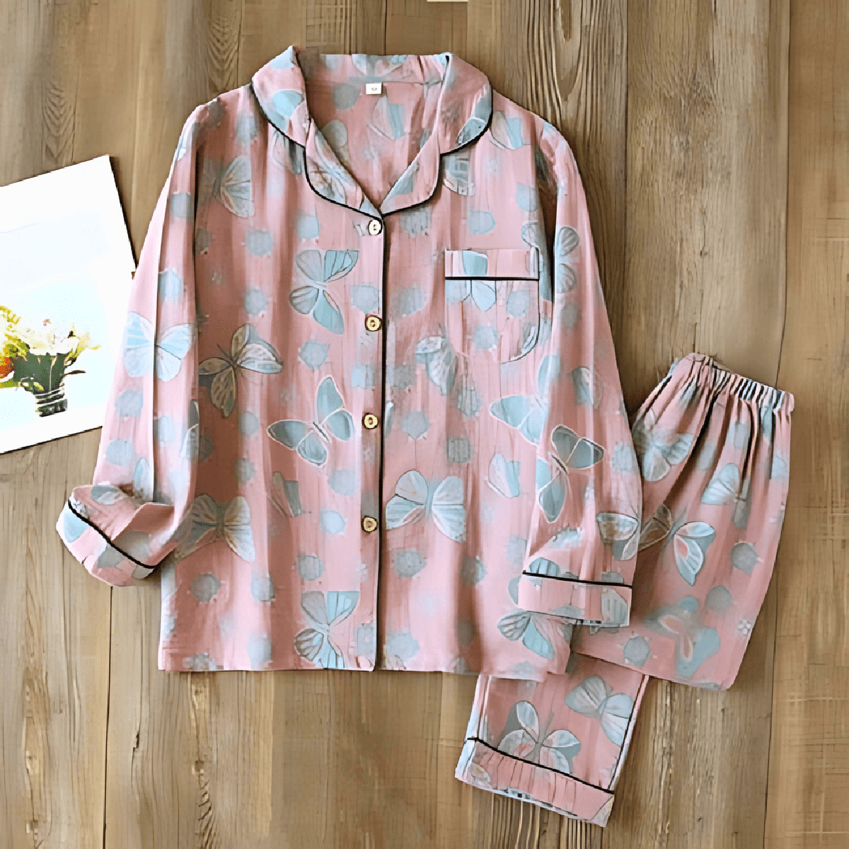 Dames 2-delige Katoenen Loungewear Set met Vlinderprint