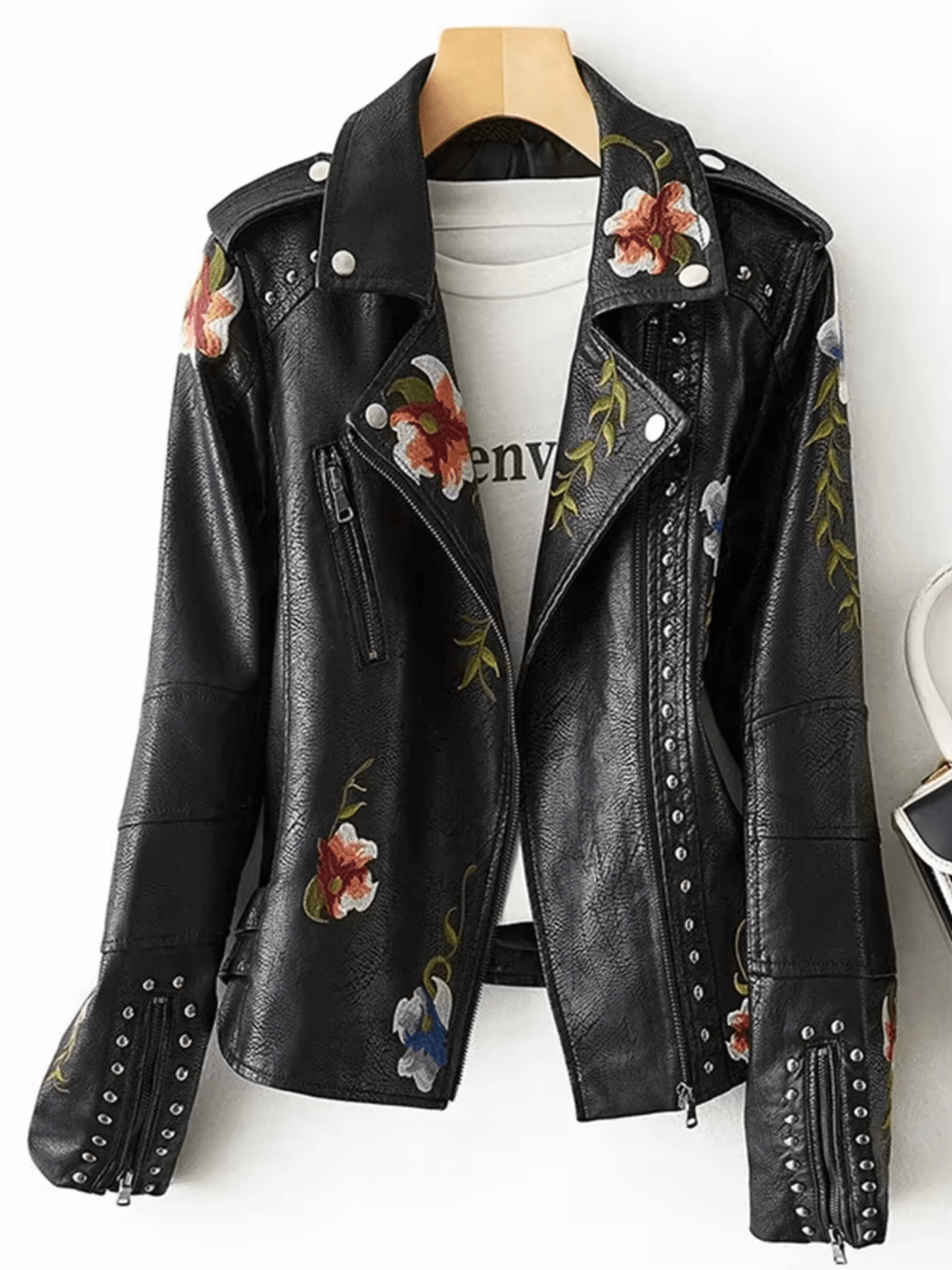 Dames Bikerjack Met Geborduurde Bloemen En Studs