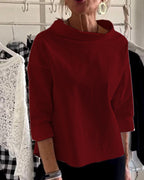Dames Blouse Met Hoge Kraag En 3/4 Mouwen Van Ademend Materiaal