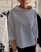 Dames Blouse Met Hoge Kraag En 3/4 Mouwen Van Ademend Materiaal