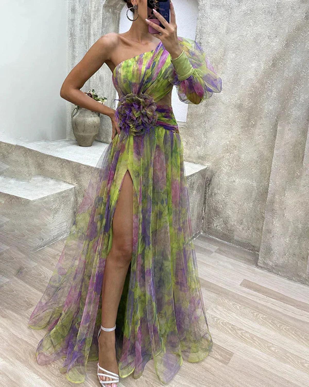 Dames Floral One-Shoulder Maxi Feestelijke Avondjurk